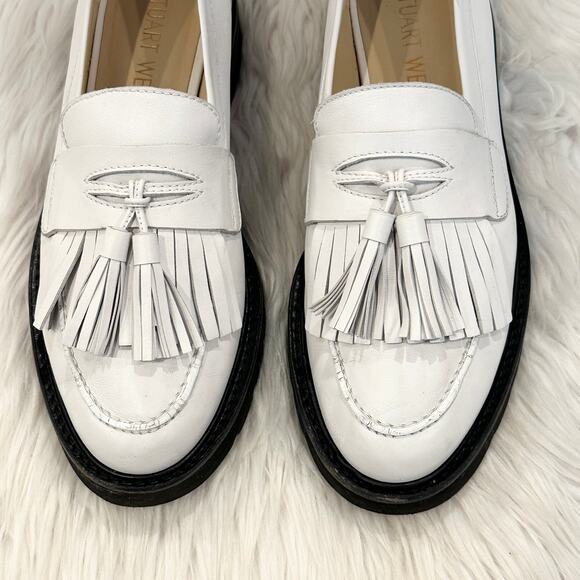 Stuart Weitzman Mila Lift Loafer Leather Tasseled Fringe Chunky Platform, White - Picture 7 of 13